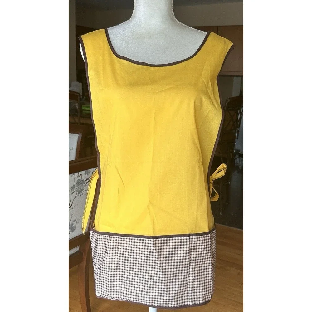 Vtg Apron‎ Mustard Yellow & Brown 3 Pockets Homespun 1970 s Cottage Grandma Core